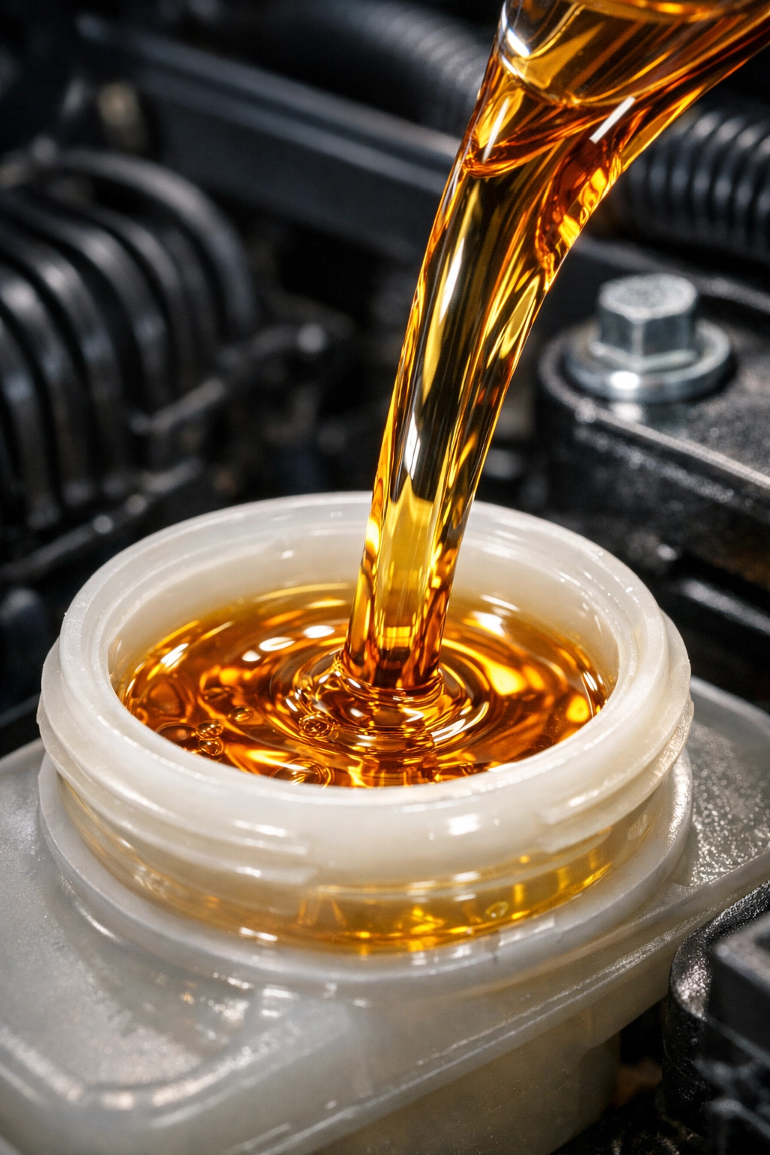 Clean amber brake fluid being poured into a car reservoir for essential brake maintenance in Sedona.