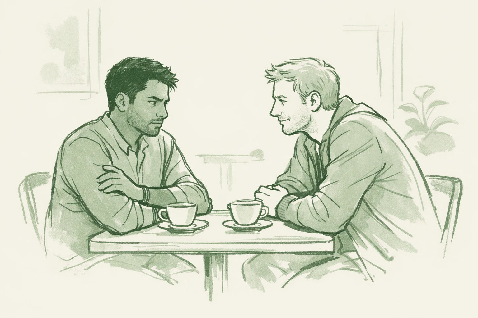 Interracial gay couple building trust at London café - MM relationship overcoming trauma and fear