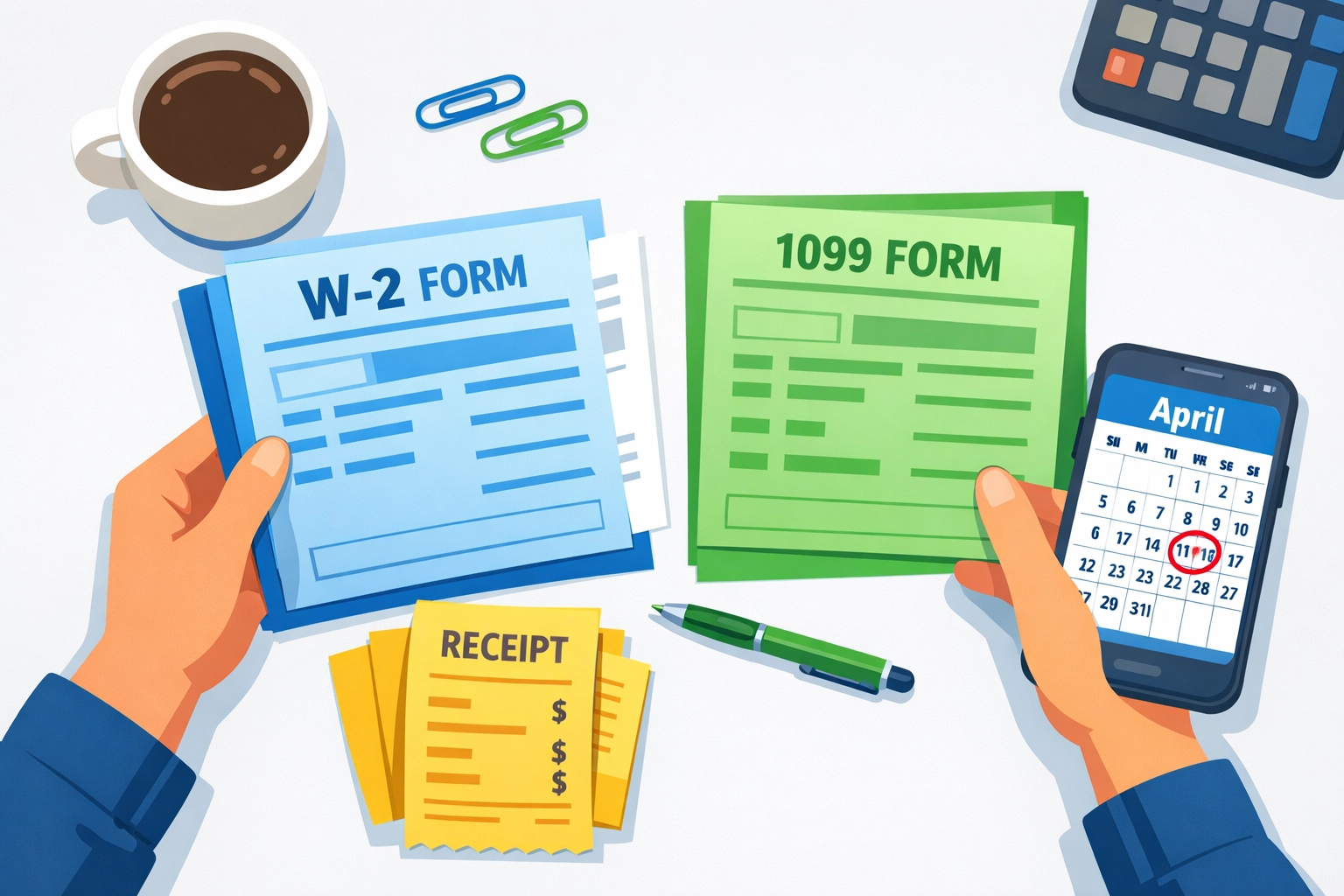 Tax documents organized on desk with April 15th filing deadline on calendar