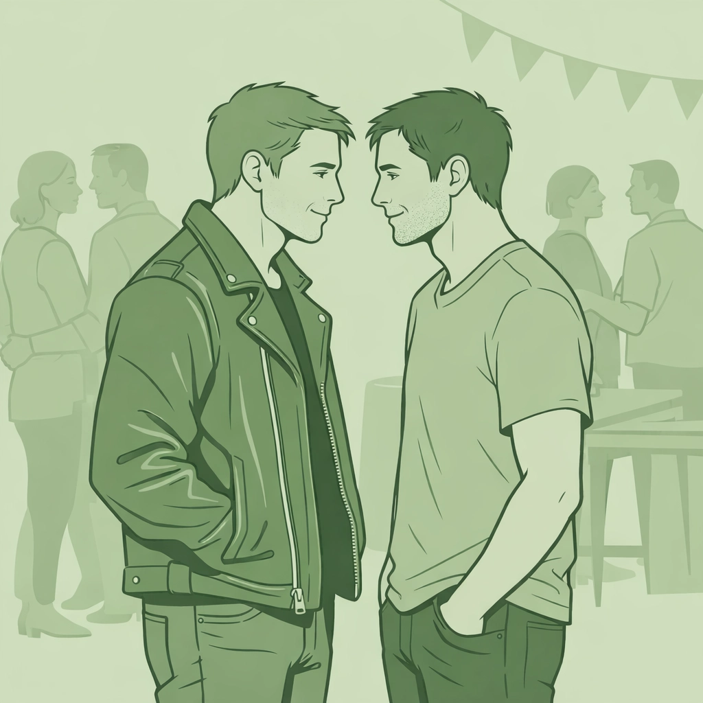 Two men connecting at LGBTQ+ gathering representing vulnerability in MM romance books