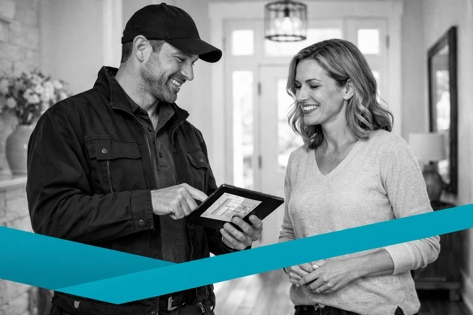 Professional tradesperson showing a project plan on a tablet to a satisfied homeowner in a modern home.