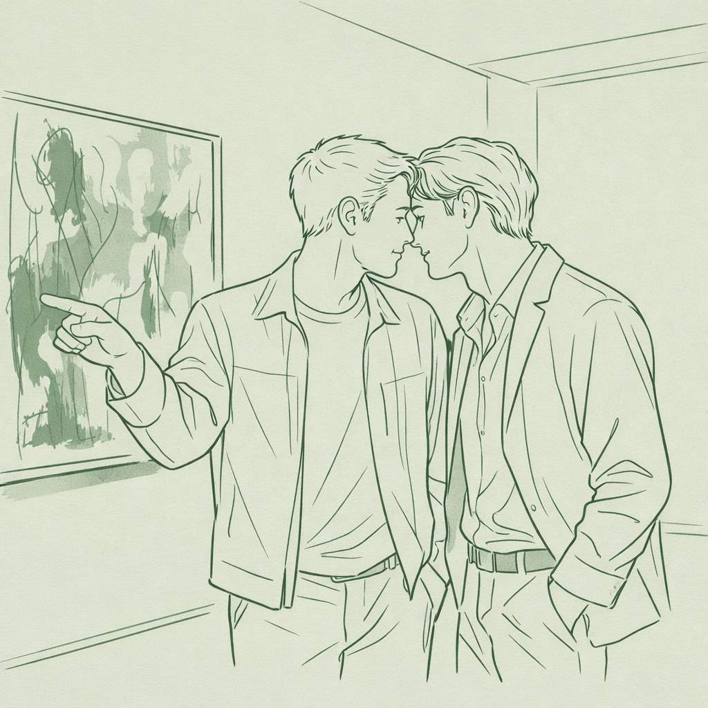 Two men sharing intimate moment in museum gallery - MM romance and connection in public spaces