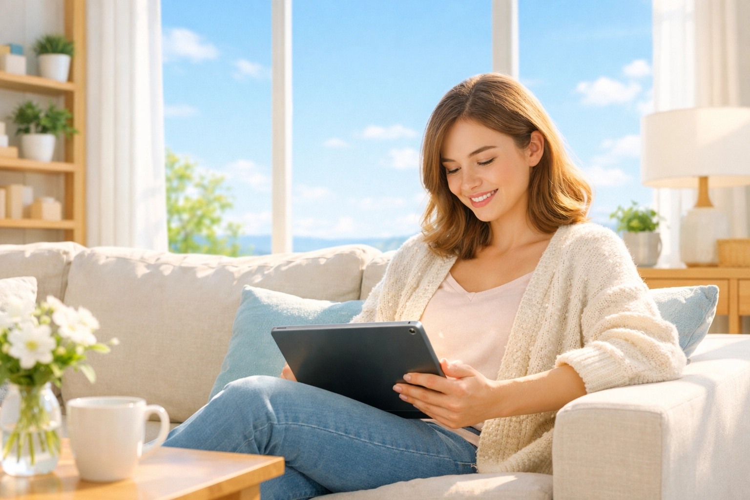 A woman reading a Bible study on a tablet, finding connection and peace through Boundless Online Church.