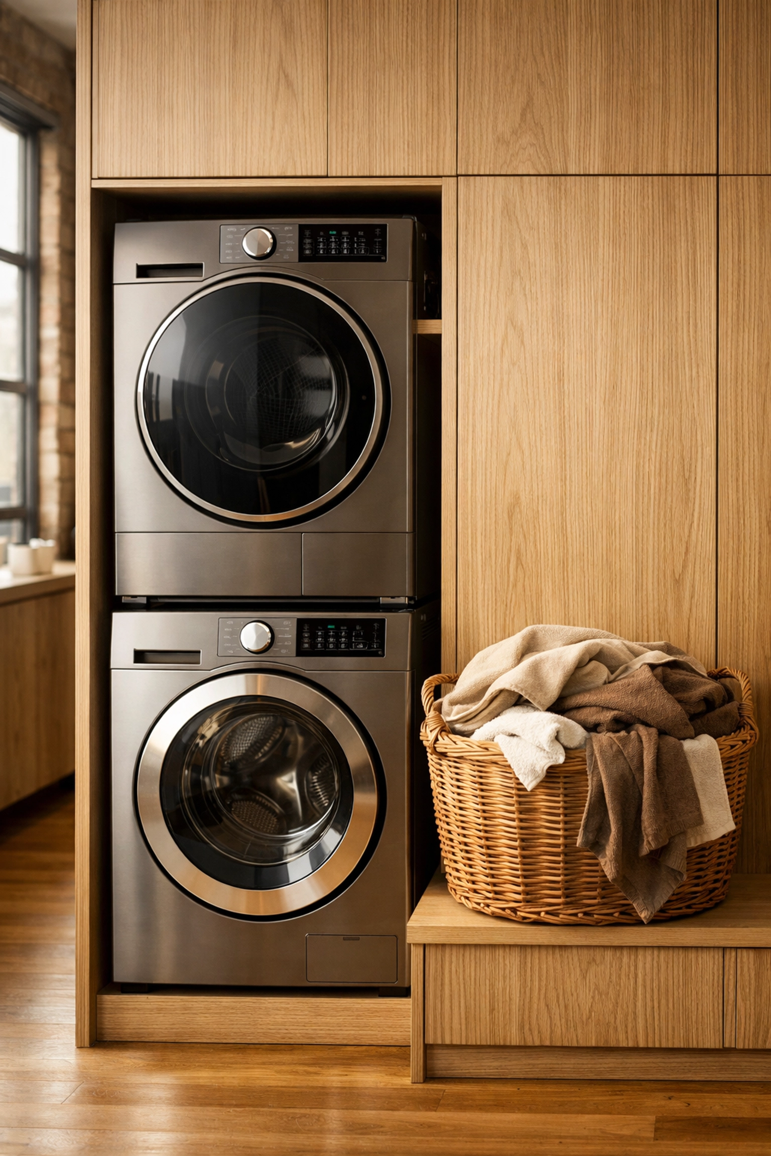 Stacked front-load washing machine and eco-friendly ventless heat pump dryer in a space-saving laundry nook.