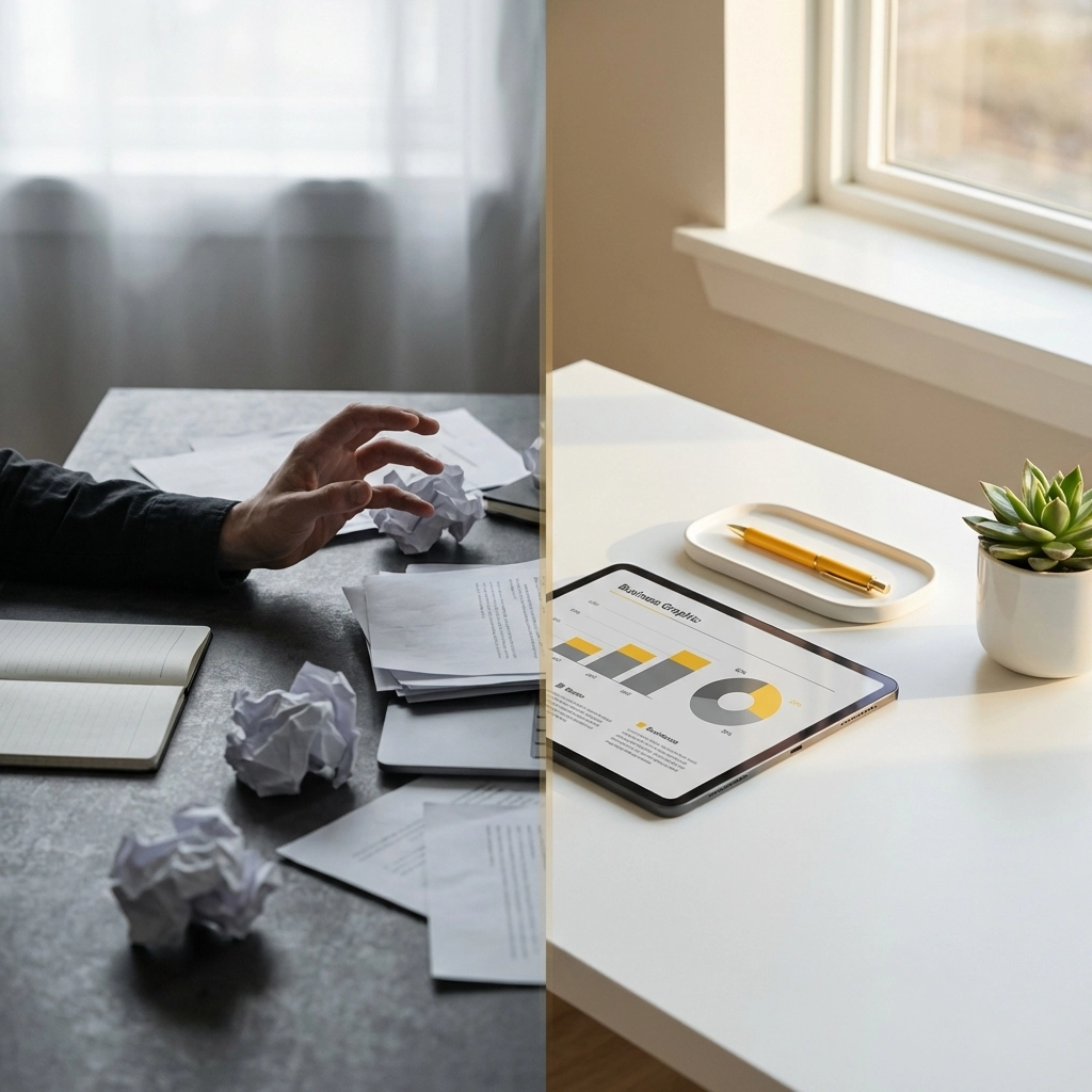 Comparison of disorganised and organised workspaces, illustrating the benefits of professional inventory reporting.