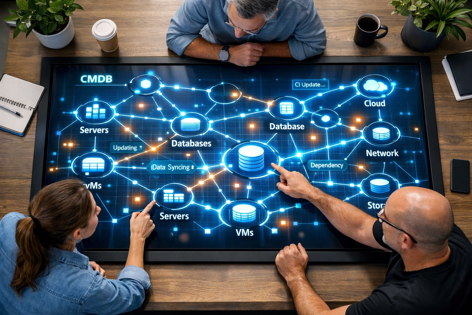 IT team reviewing ServiceNow CMDB network map with implementation partner for cost optimization strategy