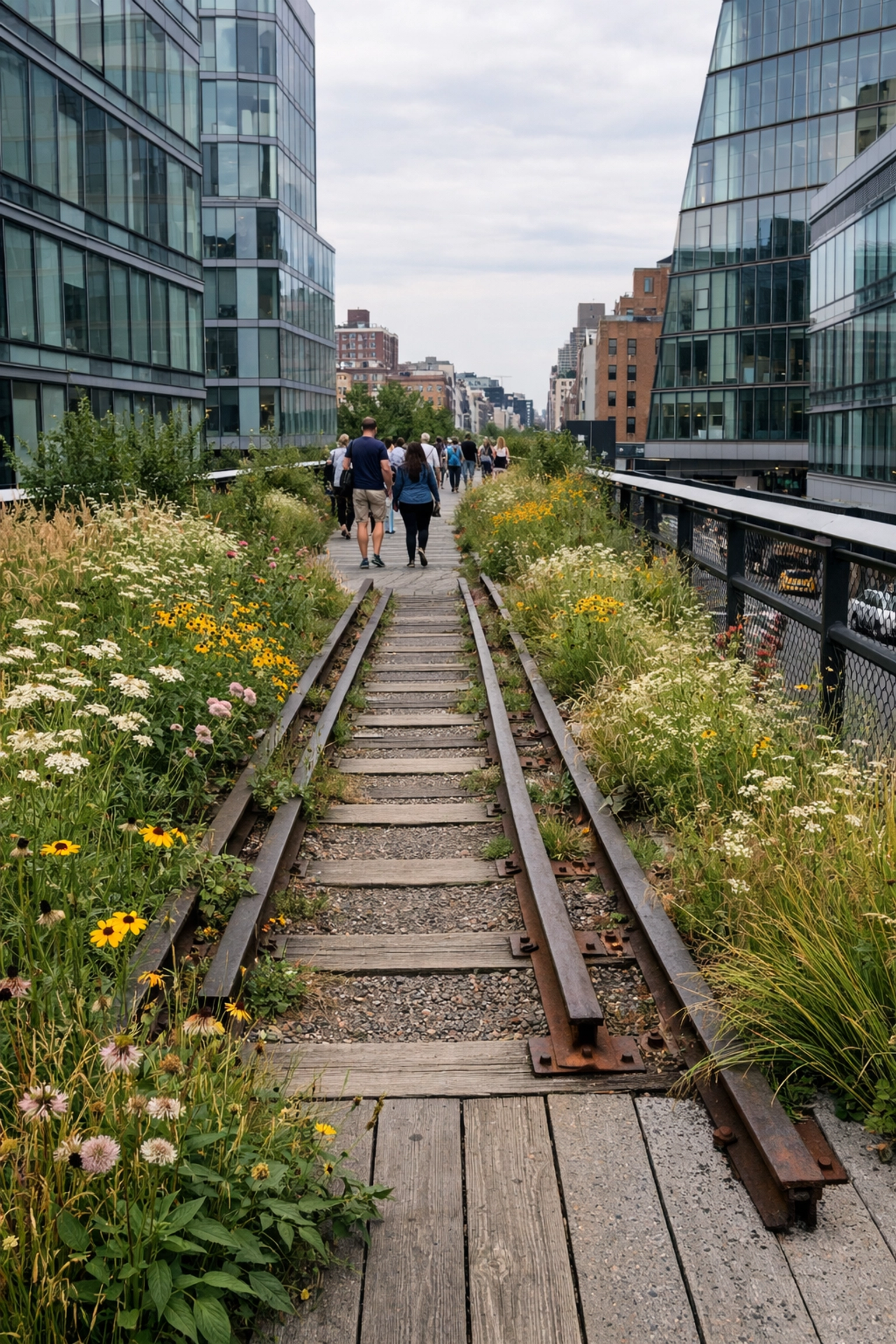 Urban greenery and rail tracks on the High Line in Chelsea, a unique New York City photography location.