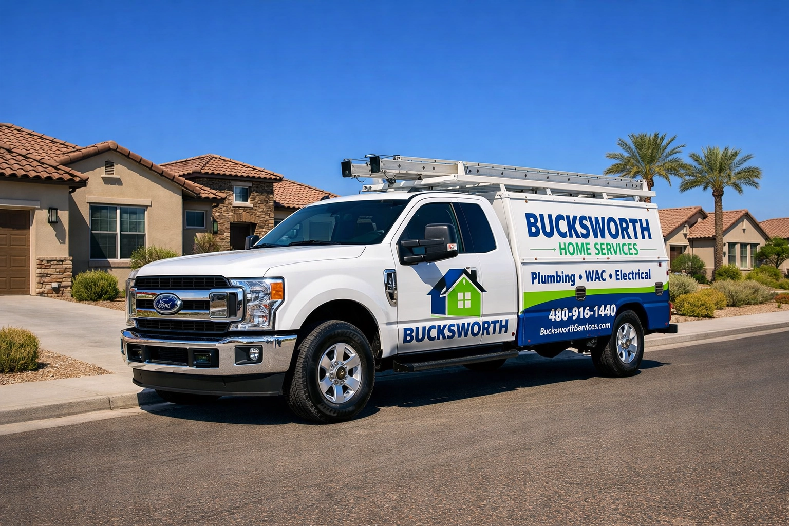 Bucksworth Home Services branded truck arriving for professional weed prevention in a Queen Creek neighborhood.