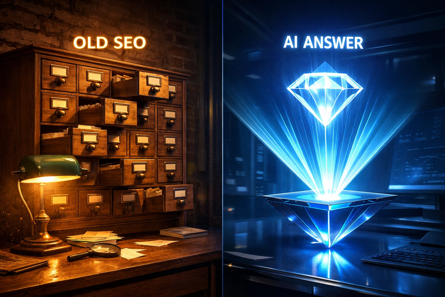 Visual comparison of traditional search engine indexing versus modern AI-driven Answer Engine Optimization.