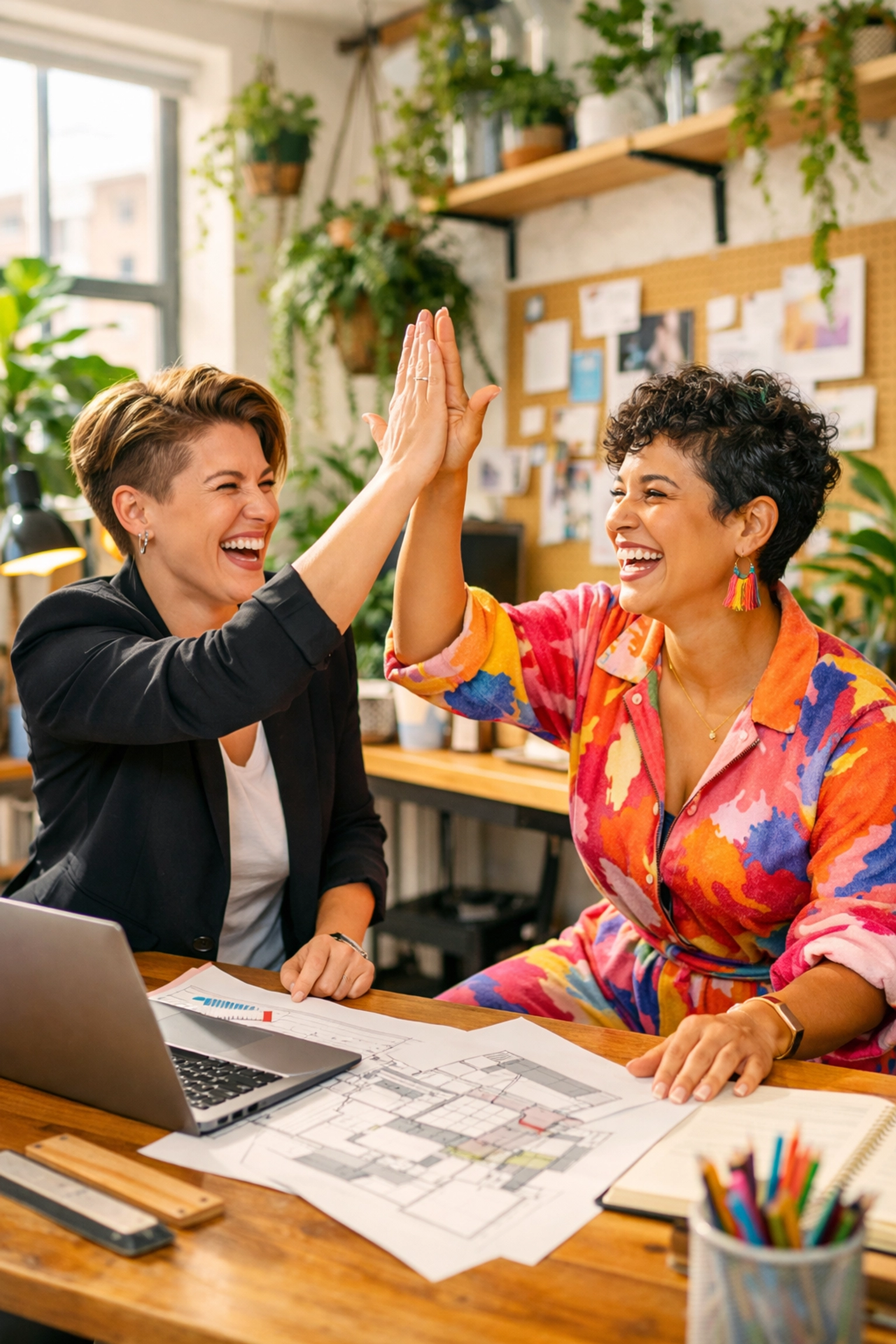 Two lesbian colleagues sharing a high-five in a creative office, celebrating professional success and career growth.