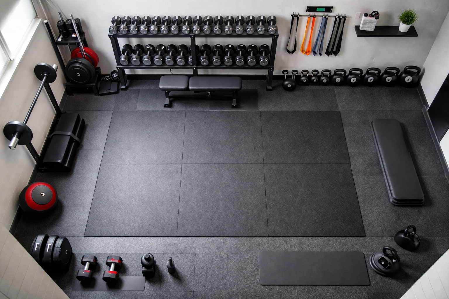 Overhead view of an organized home gym with neatly stored weights and resistance bands on rubber flooring