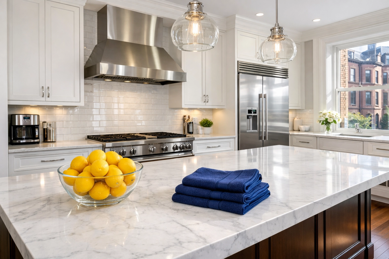Immaculate Boston kitchen with sparkling marble counters after a deep cleaning services Boston visit.