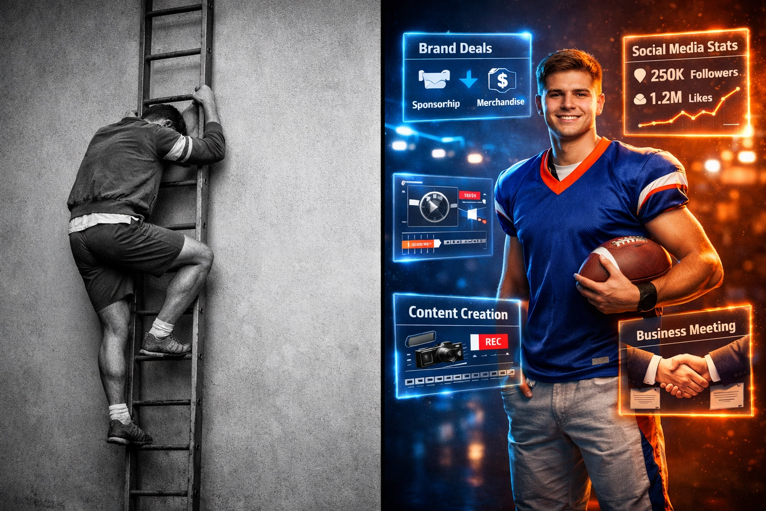Traditional career ladder versus modern NIL athlete path with brand partnerships and digital tools