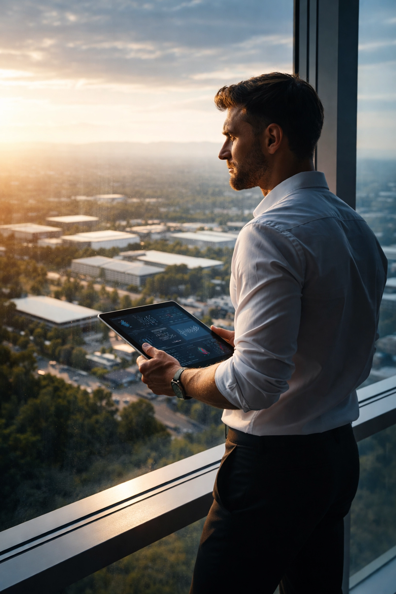 Tech executive analyzing operational dashboards by a window overlooking a campus, showing the execution gap in AI-driven innovation.