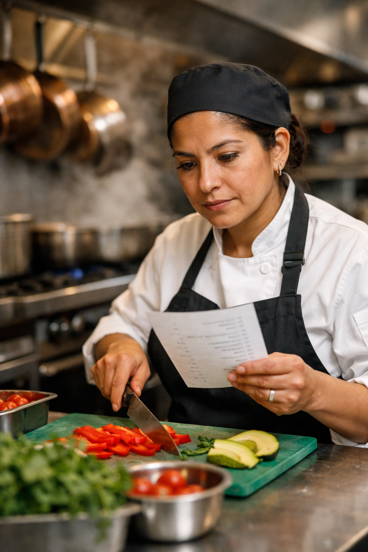 Professional chef in a San Francisco restaurant optimizing prep labor costs through efficient menu engineering.