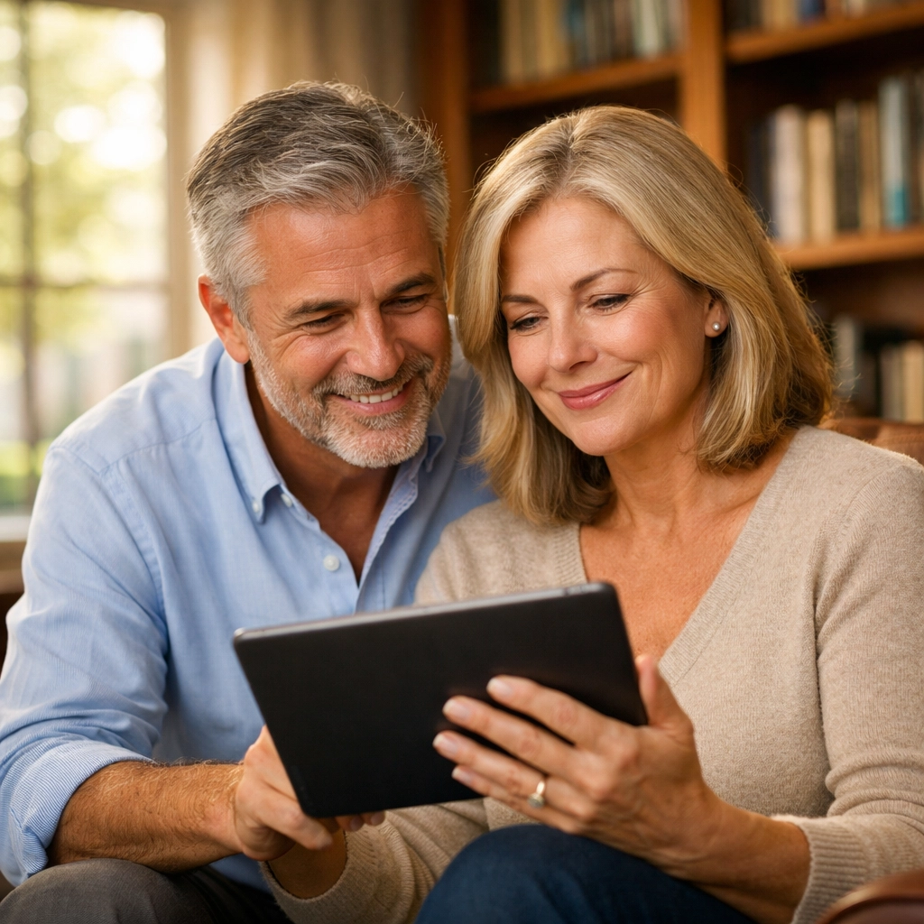 A couple in their 50s experiencing retirement clarity and relief while reviewing their financial plan on a tablet.