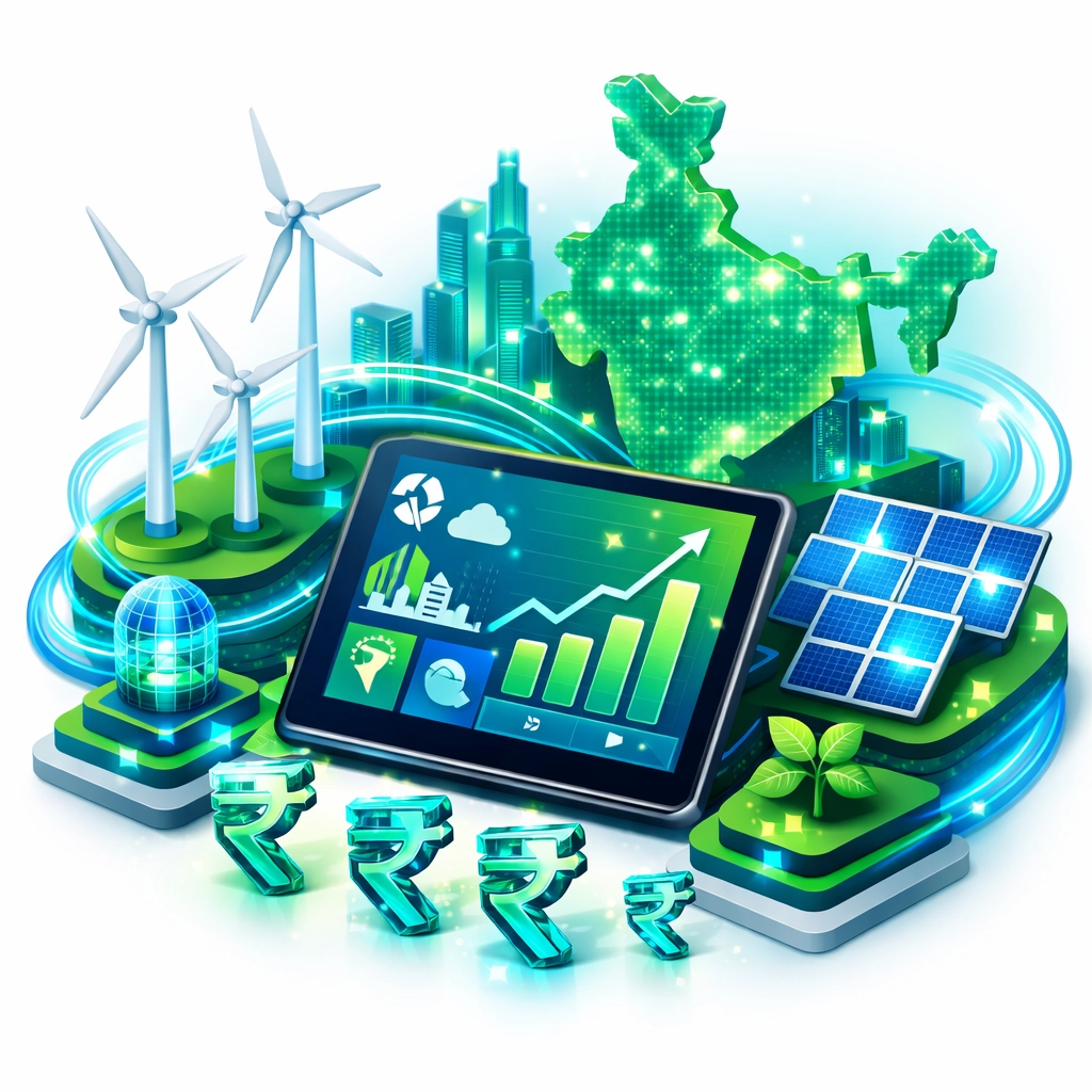 Digital and green economy visuals reflecting tax updates in recent Indian politics news.