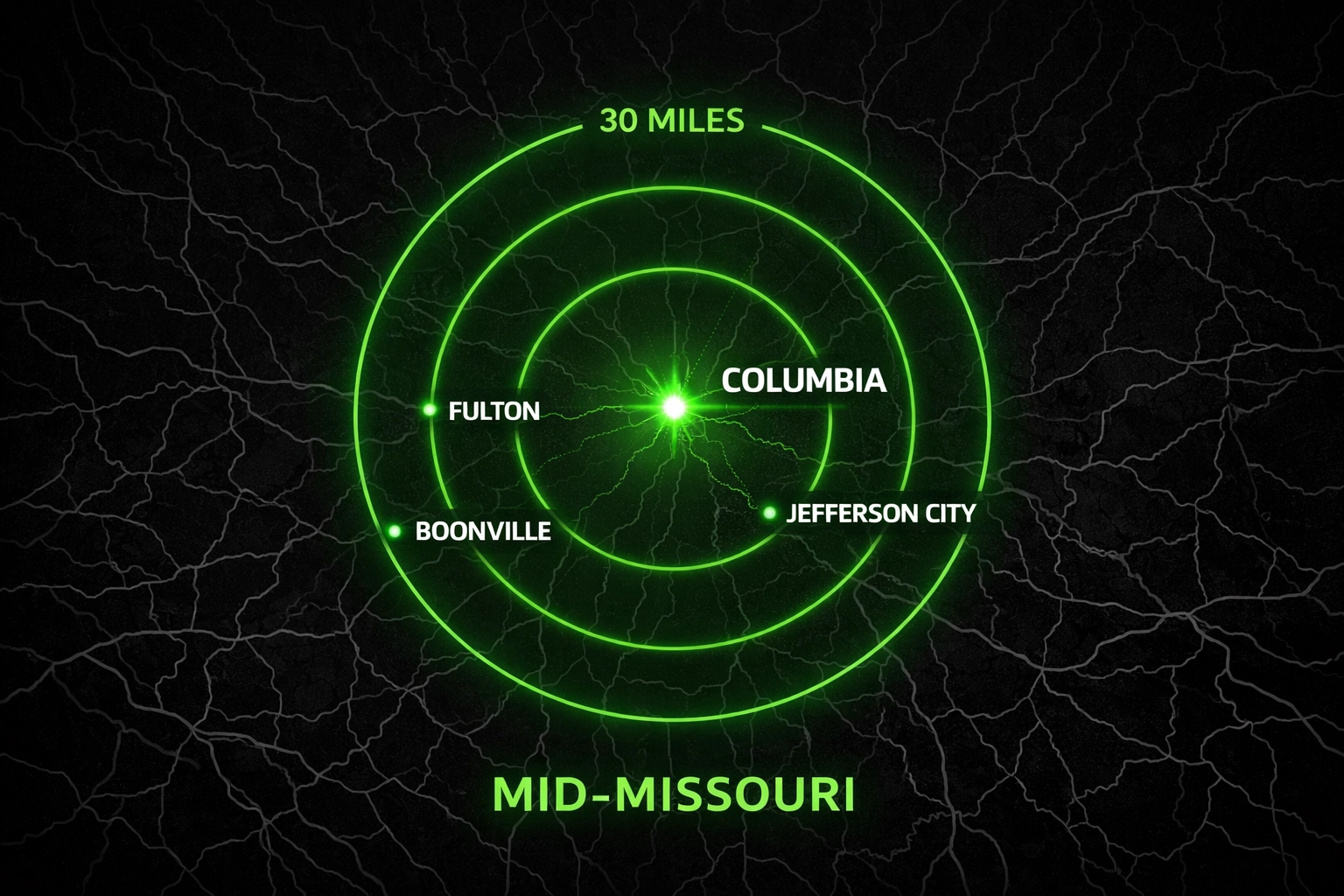 Map visualization of the 30-mile service area for home remodeling services in Mid-Missouri.