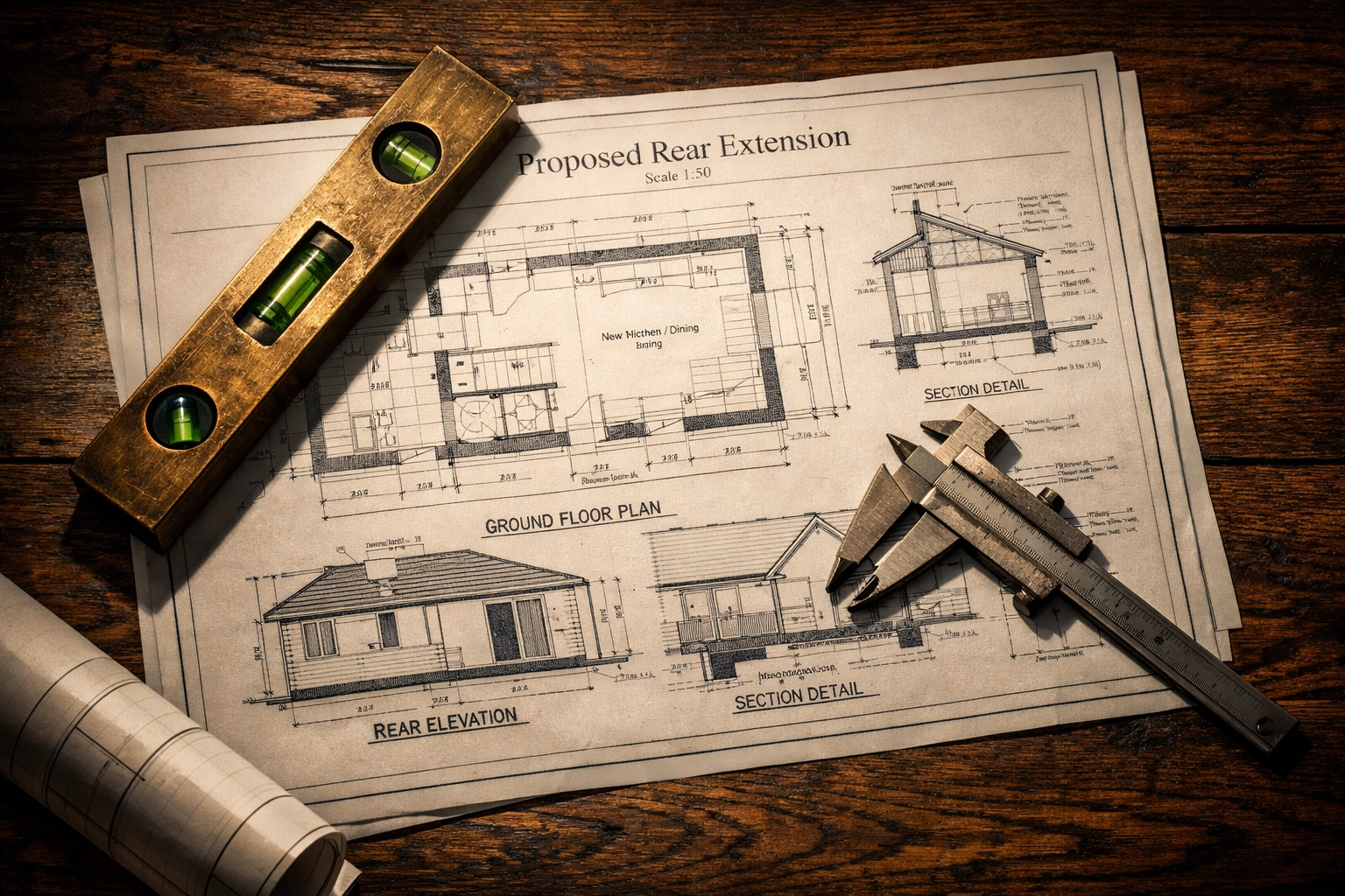 Architectural blueprints and planning tools for a rear extension project in West Sussex.