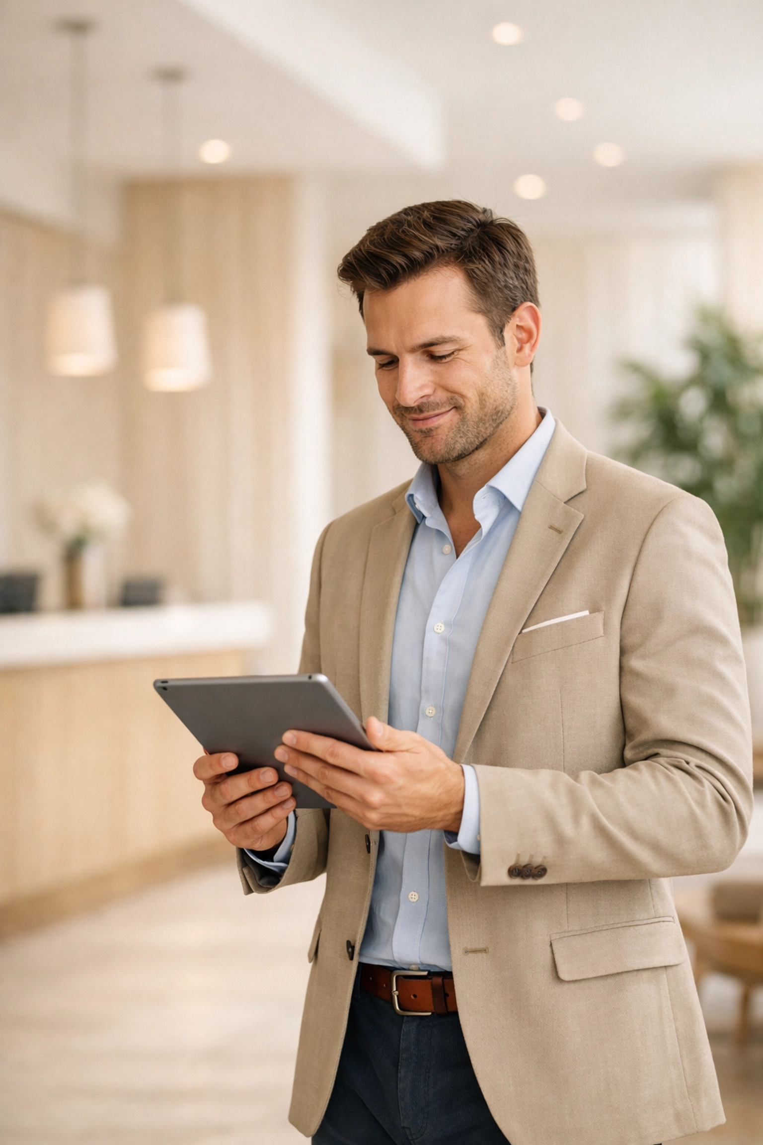 Hotel manager using a mobile PMS tablet in a modern, sun-lit hotel lobby.