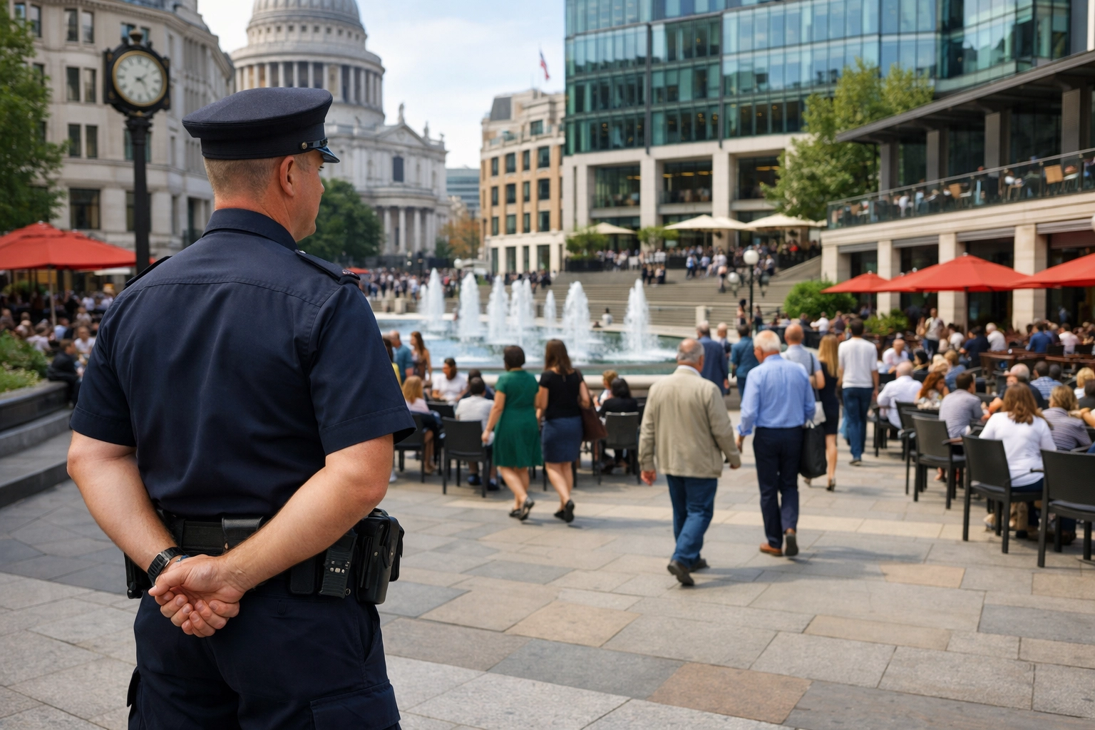 A professionally trained security officer providing manned guarding services at a busy London public plaza.