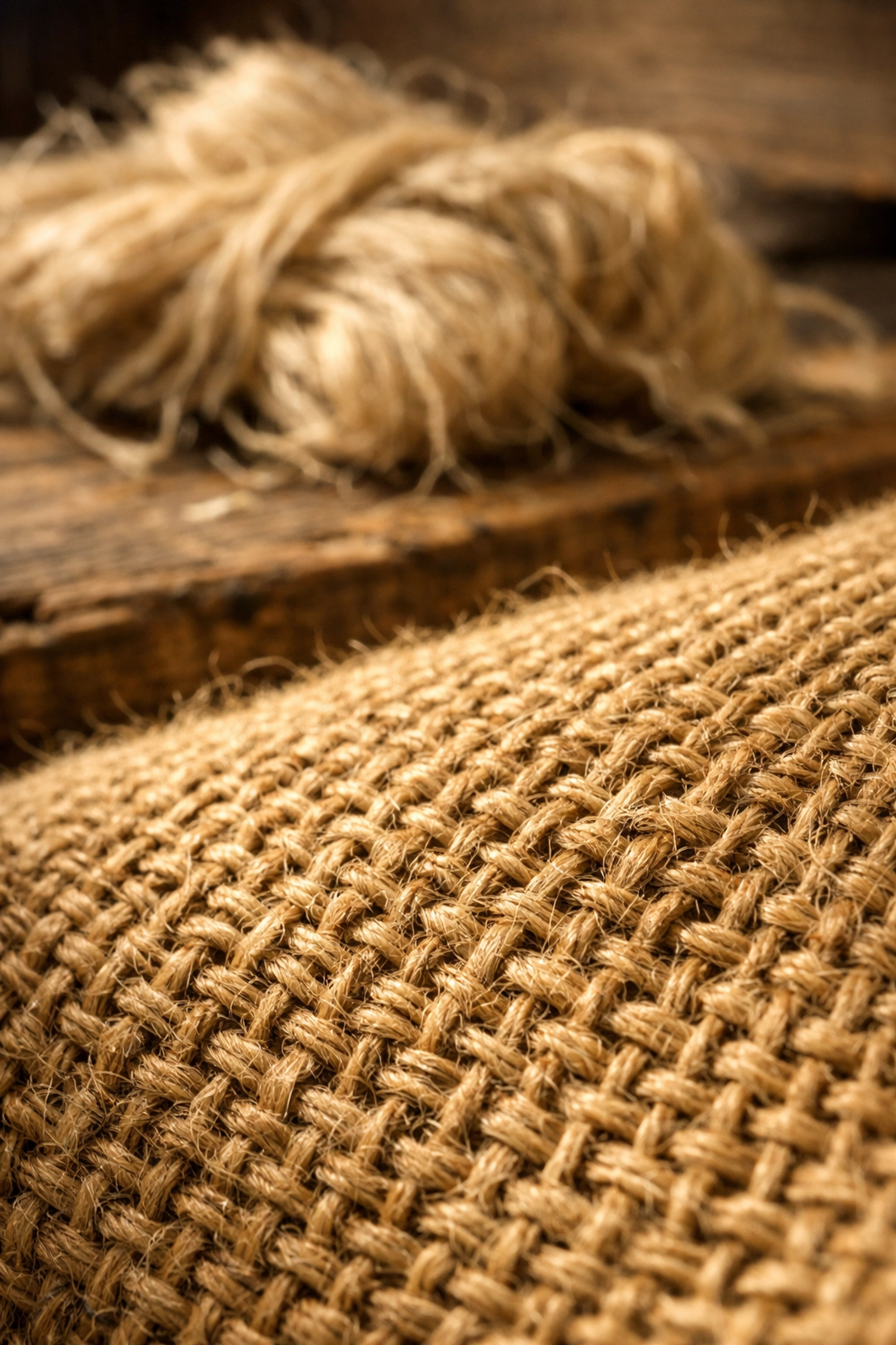 Close-up of sustainable jute coffee sack fibers showing the coarse natural weave in sunlight.