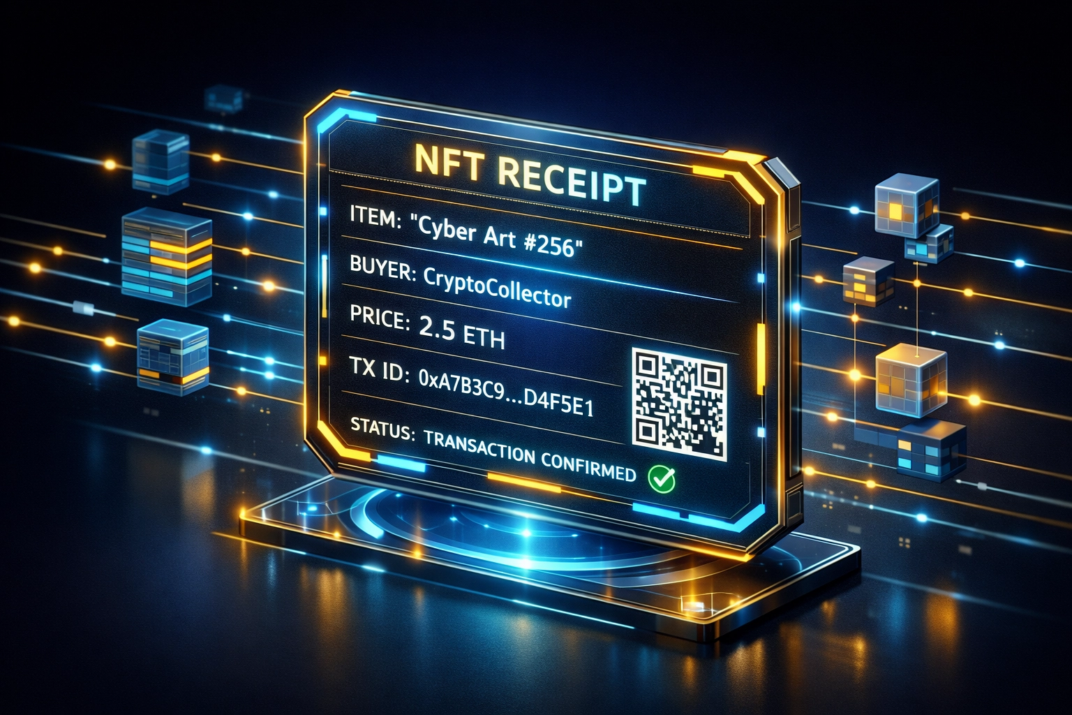 NFT receipt displaying verified blockchain transaction data for crypto payments