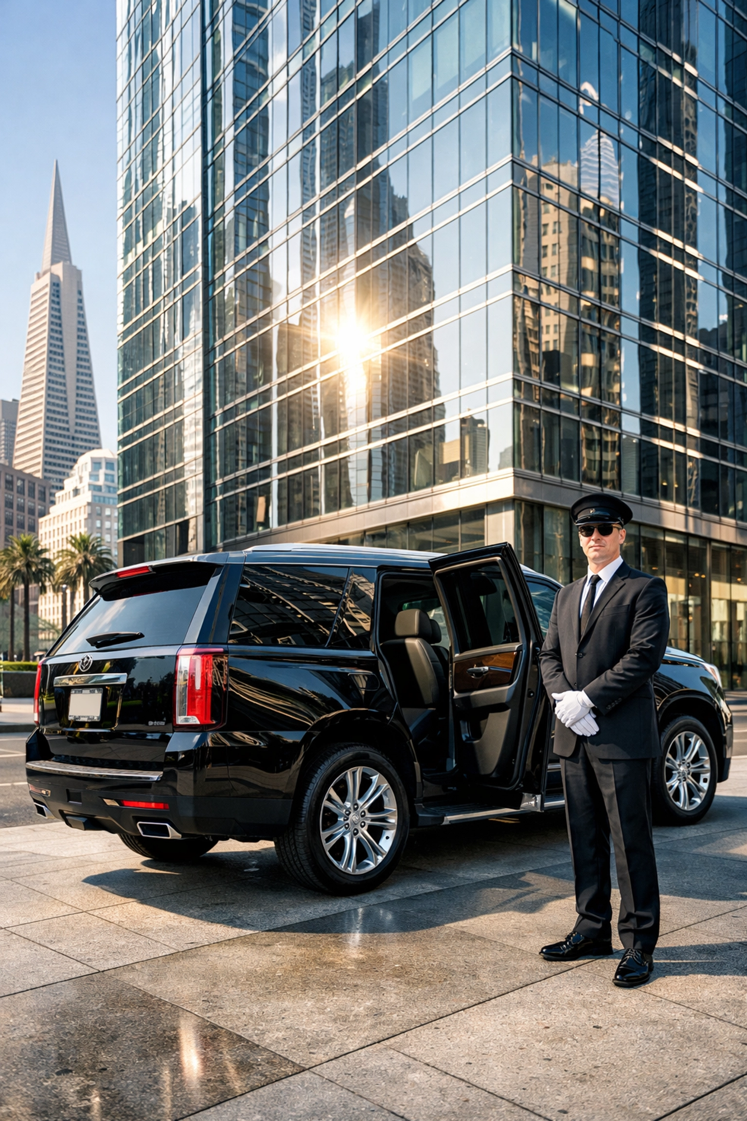 Professional chauffeur and black executive SUV in San Francisco for Super Bowl corporate travel logistics.
