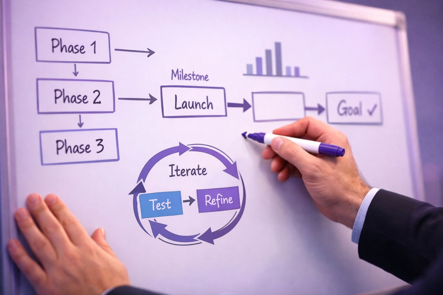 Hands drawing flexible project roadmap combining structured phases and iterative cycles