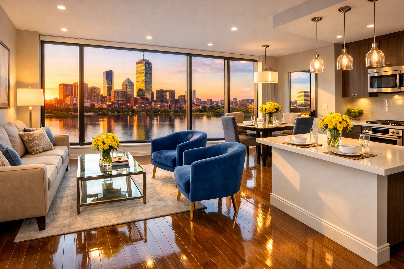 A pristine, open-concept home after an apartment cleaning Boston service with views of the city skyline.