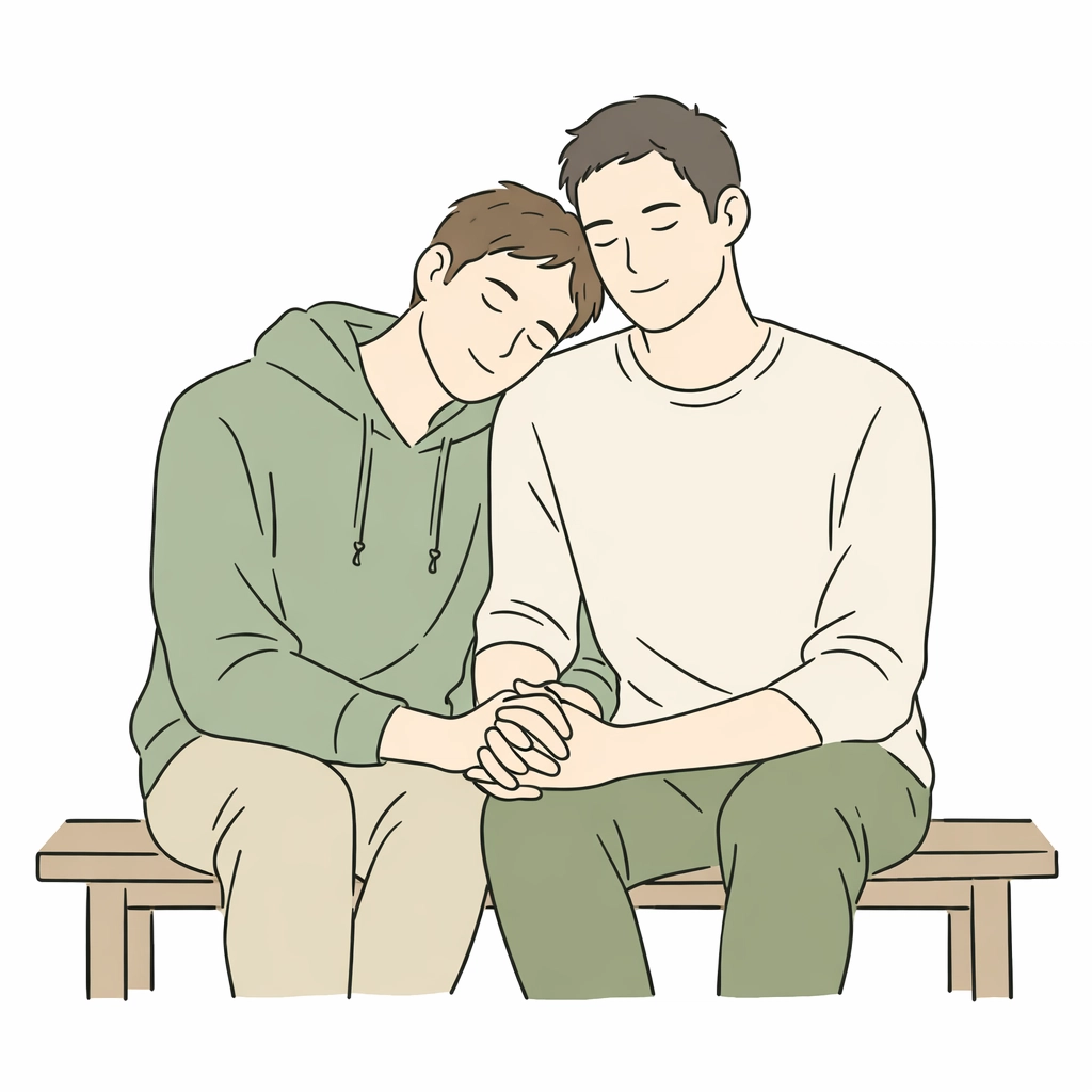 Two men sharing a quiet, non-sexual moment of emotional intimacy in a heartfelt gay fiction setting.