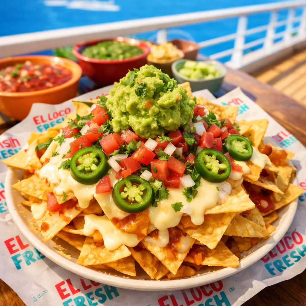 Fresh loaded nachos and salsa bar at El Loco Fresh on Navigator of the Seas.