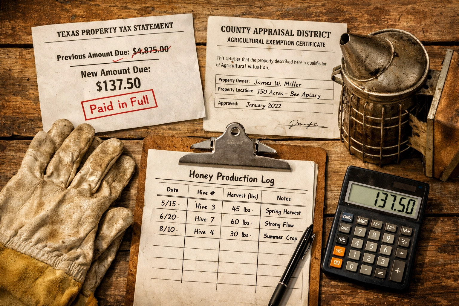 Texas agricultural exemption documents with beekeeping equipment and property tax statements