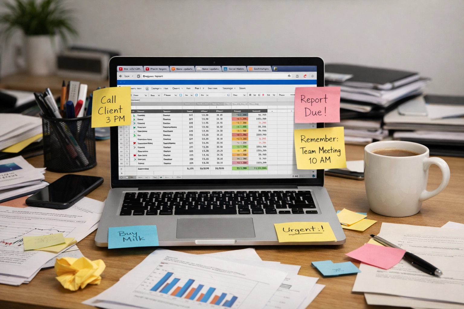 A cluttered office desk with a spreadsheet open on a laptop, representing digital overwhelm.