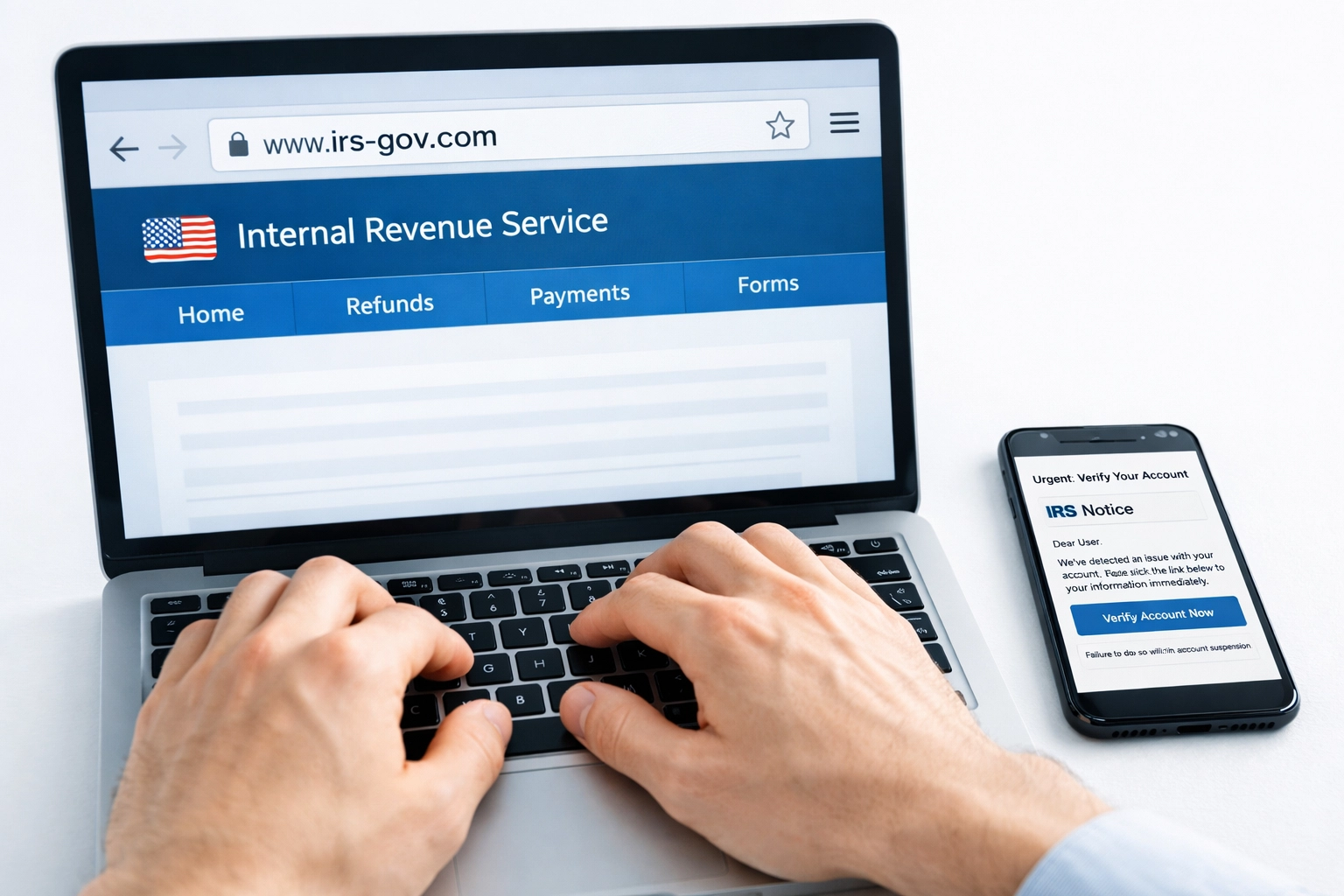 Laptop screen showing fake IRS website URL with phishing email on smartphone demonstrating tax scam tactics