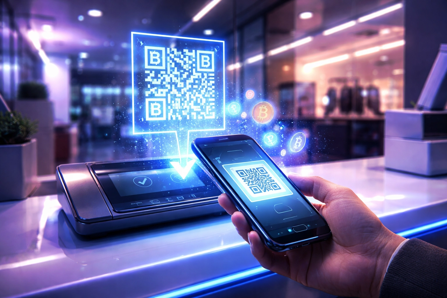 Customer using smartphone to scan QR code for crypto payment at a modern checkout counter, highlighting fee savings and self-custody benefits with Larecoin.