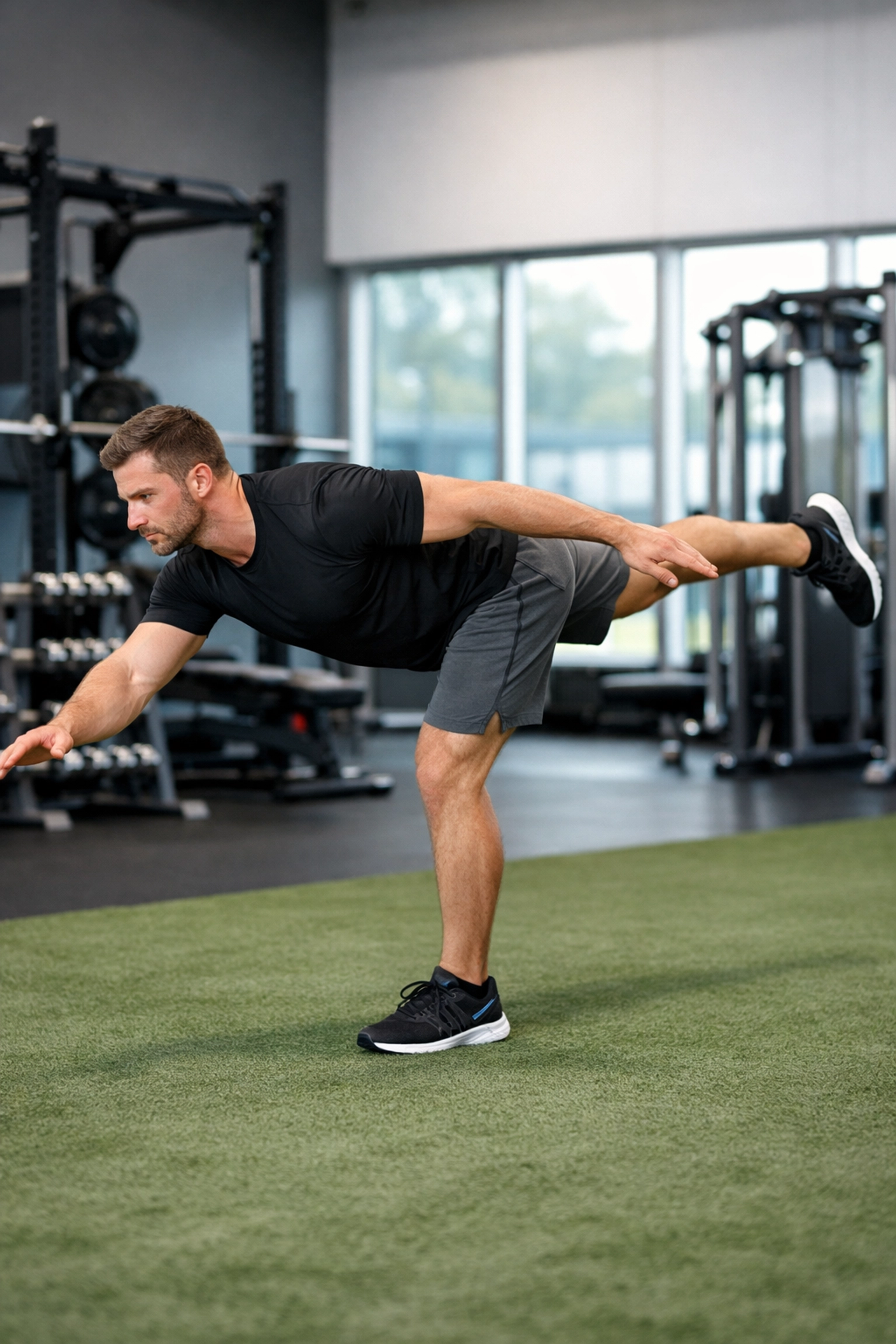 Athlete performing a single-leg balance exercise on turf to show restored neurological control and strength.