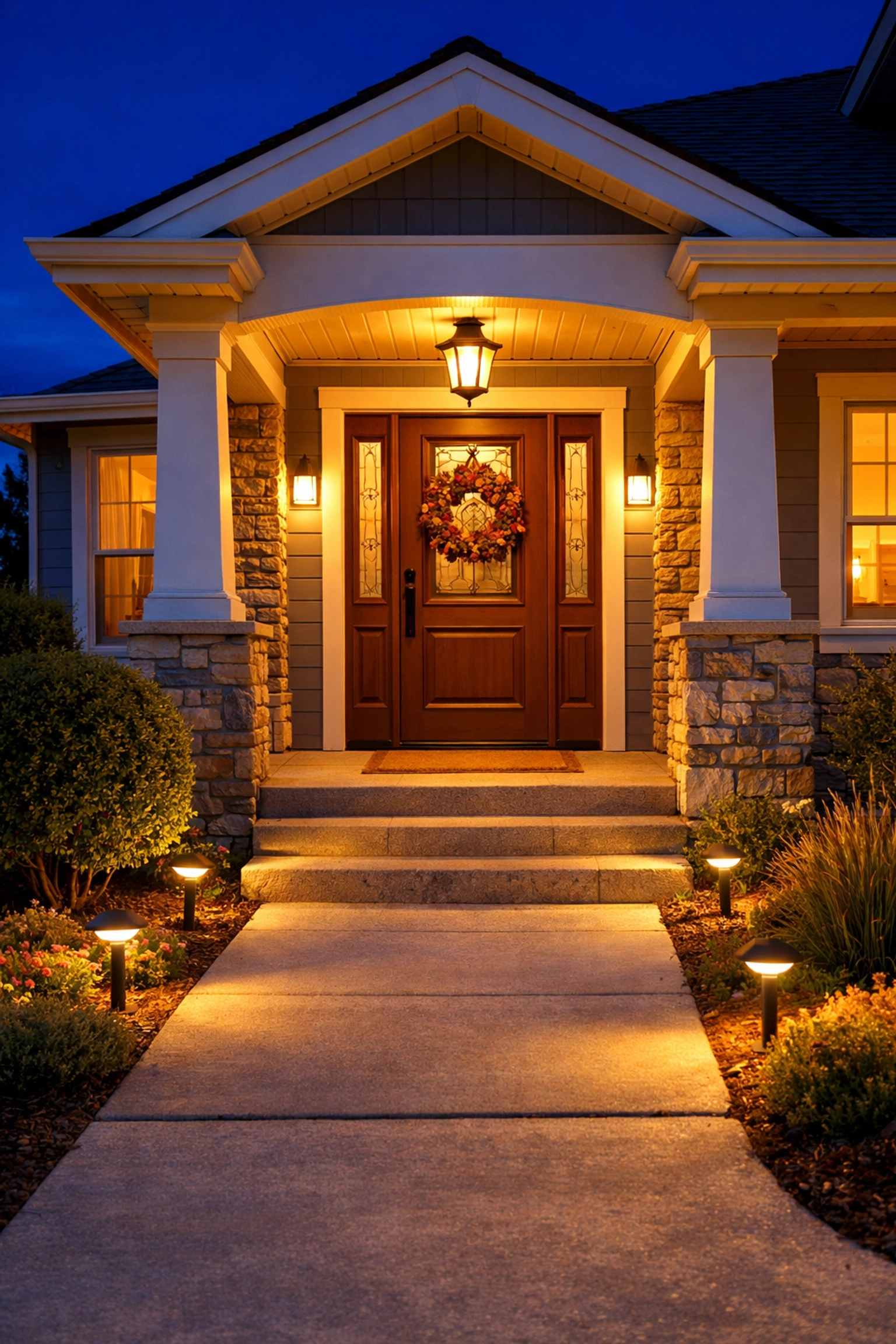 Well-lit front porch with bright LED overhead and path lighting to improve visibility and prevent falls.