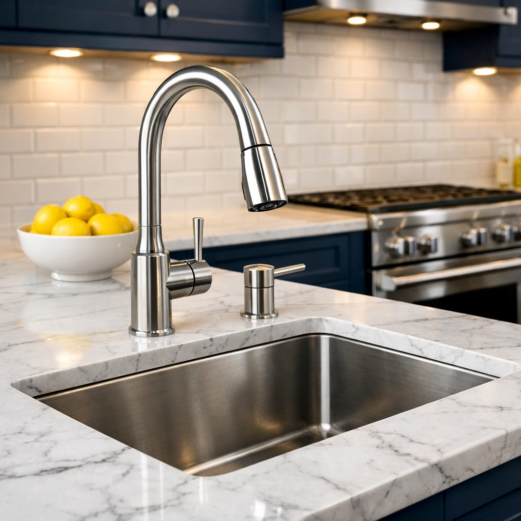 Sparkling clean kitchen marble countertops and stainless steel sink after a deep cleaning in Leominster MA.