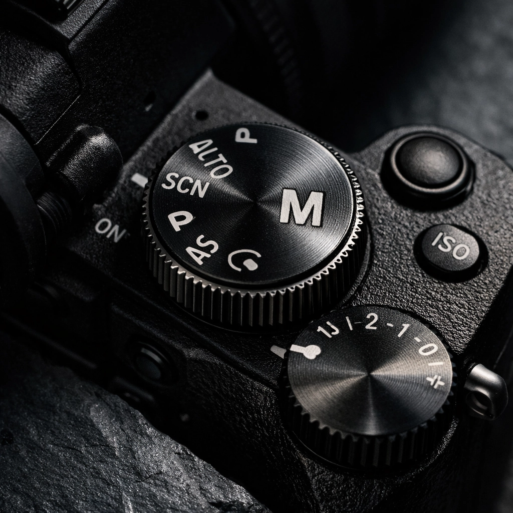 Close-up of a mirrorless camera dial set to Manual Mode on a textured slate surface.