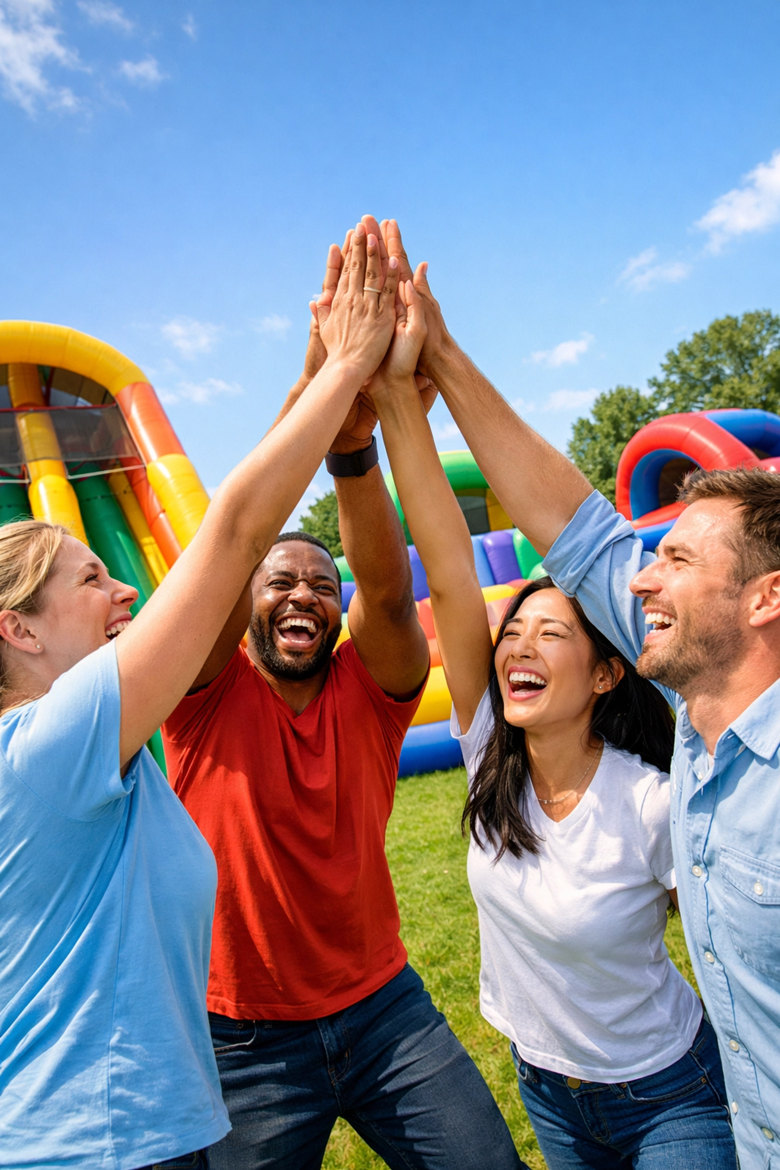 Colleagues enjoying high-energy inflatable obstacle course team building activities in the UK.