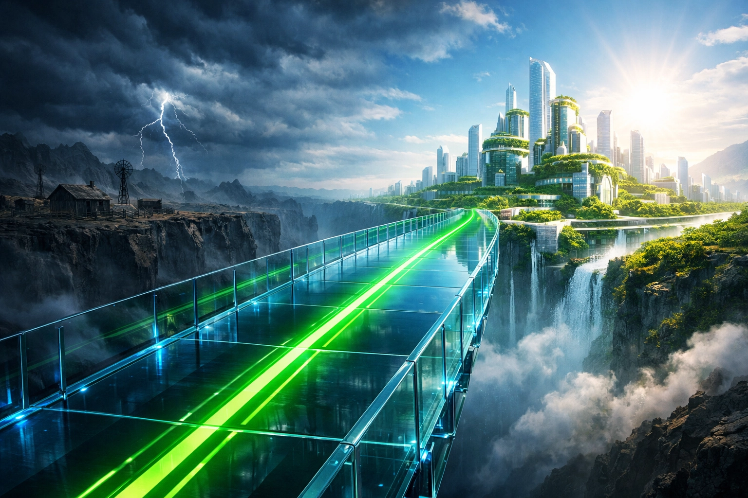 Digital bridge connecting stormy skies to a bright city, symbolizing clear crypto regulation under the CLARITY Act.