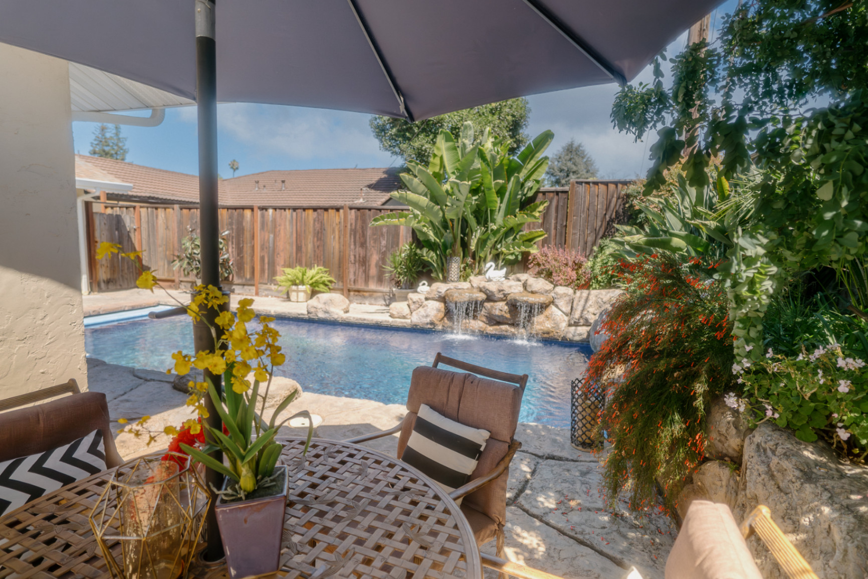 South Bay Backyard Oasis Beautifully landscaped South Bay backyard featuring a private swimming pool with rock waterfall, lush tropical plants, and a cozy patio seating area under a large umbrella. Ideal for relaxing or entertaining, this inviting outdoor space is perfect for California living.