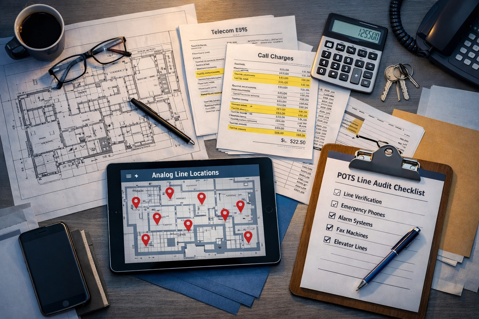 POTS line audit documentation with building blueprints and telecom bills for facility inspection
