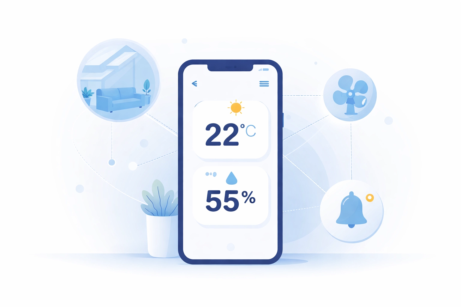 Smartphone displaying loft temperature and humidity data for remote monitoring and loft performance optimisation.