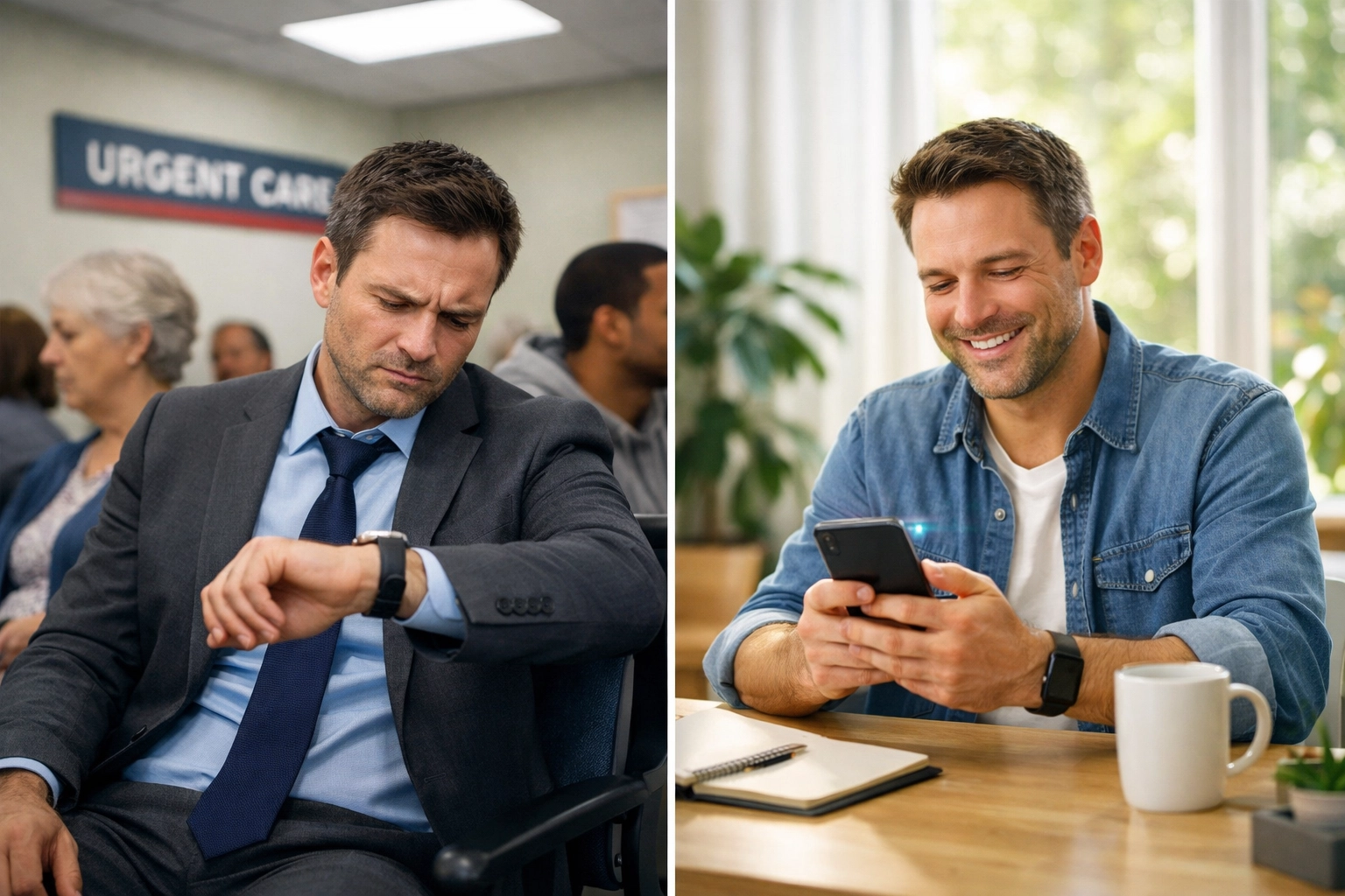 Professional comparing urgent care waiting room vs convenient online doctor consultation from home