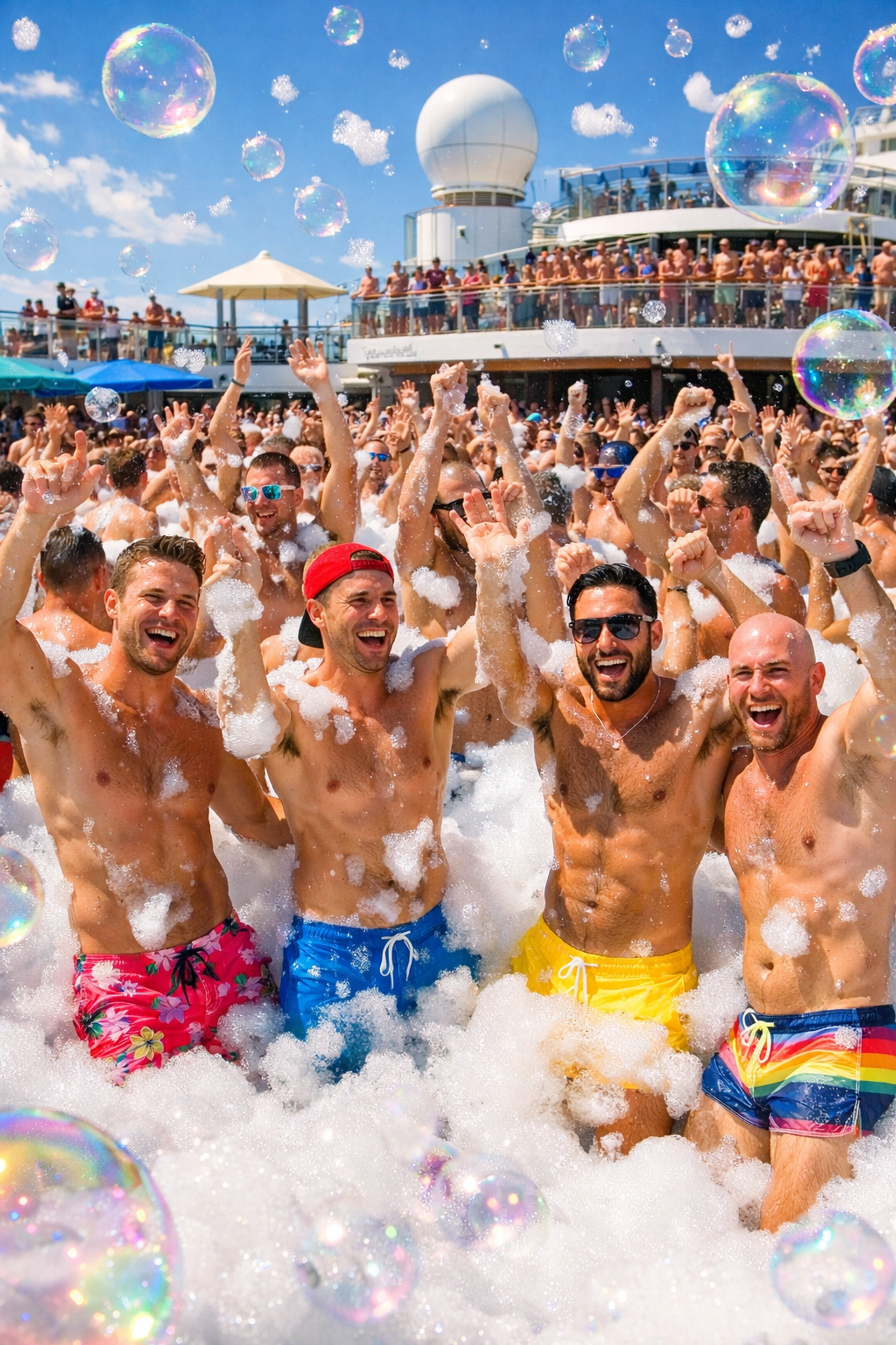 Gay cruise pool deck foam party with men dancing in soap bubbles