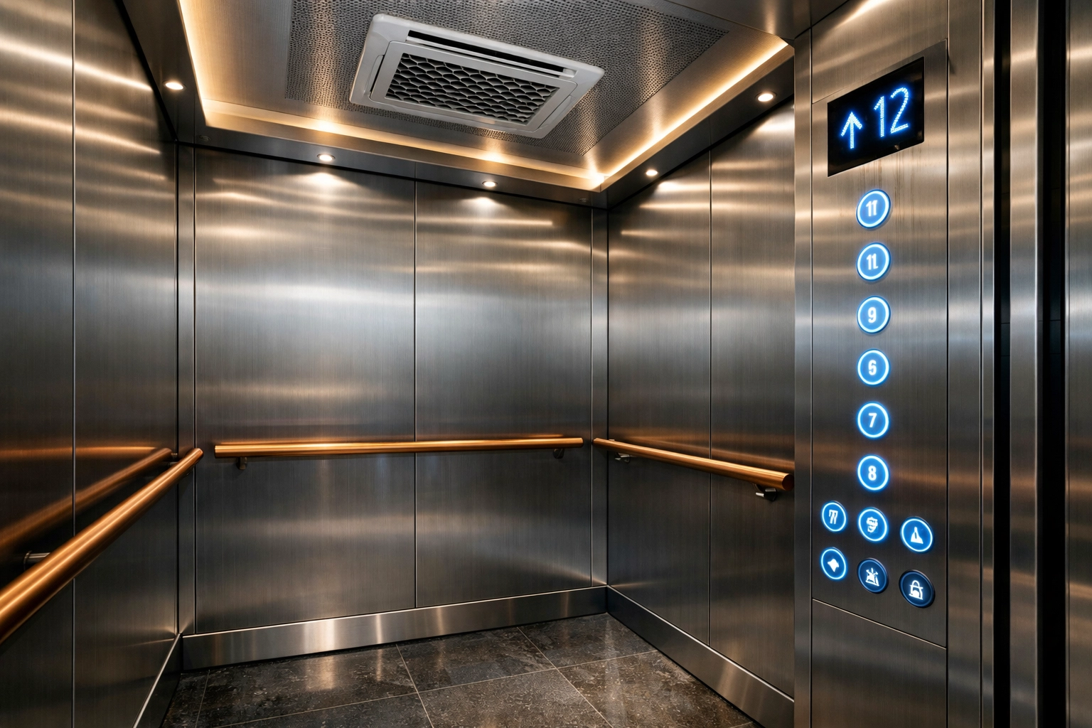 Modern elevator interior with touchless buttons and antimicrobial handrails