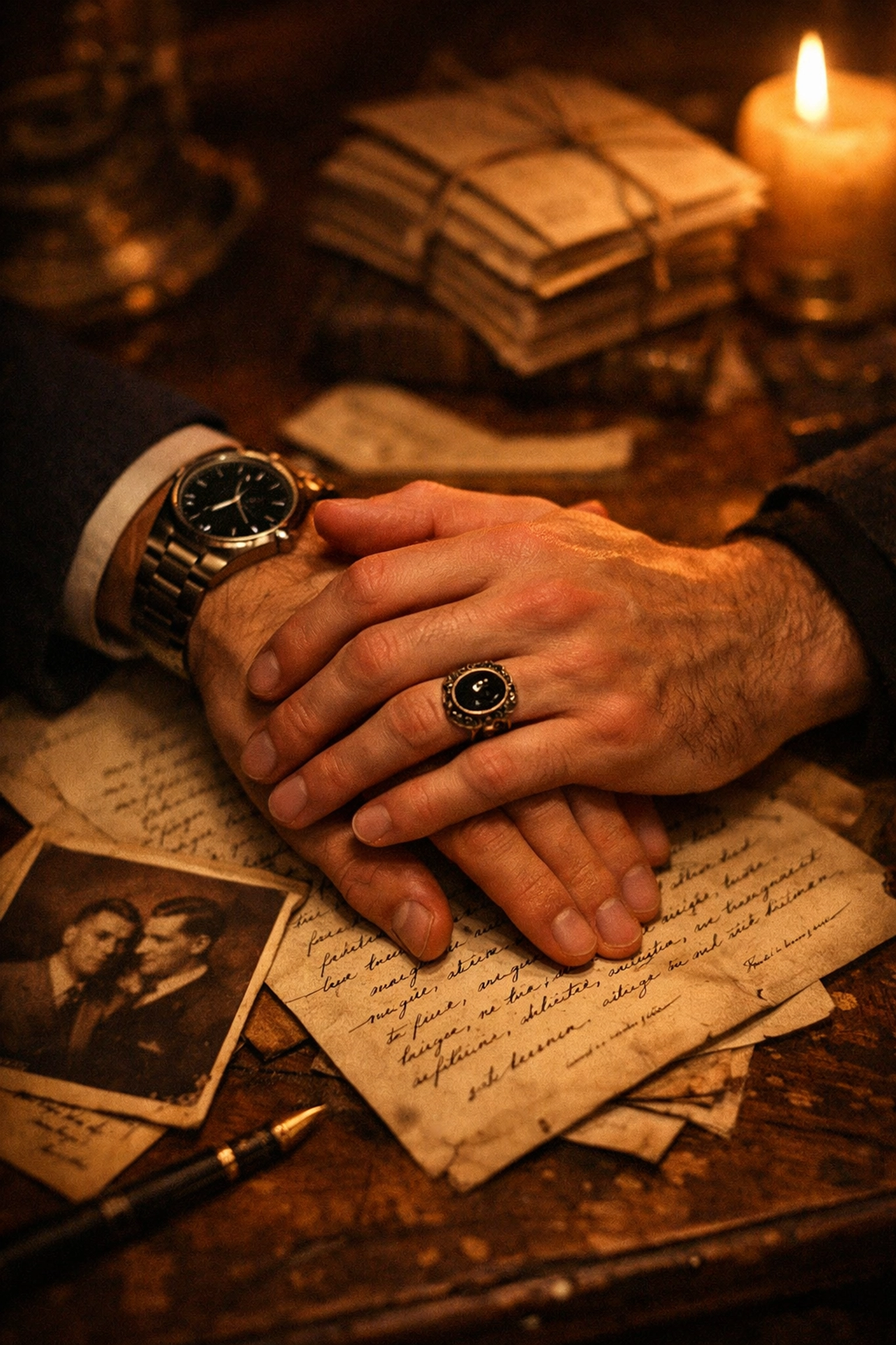 Intertwined hands of two men over vintage letters, showcasing historical MM romance depth.