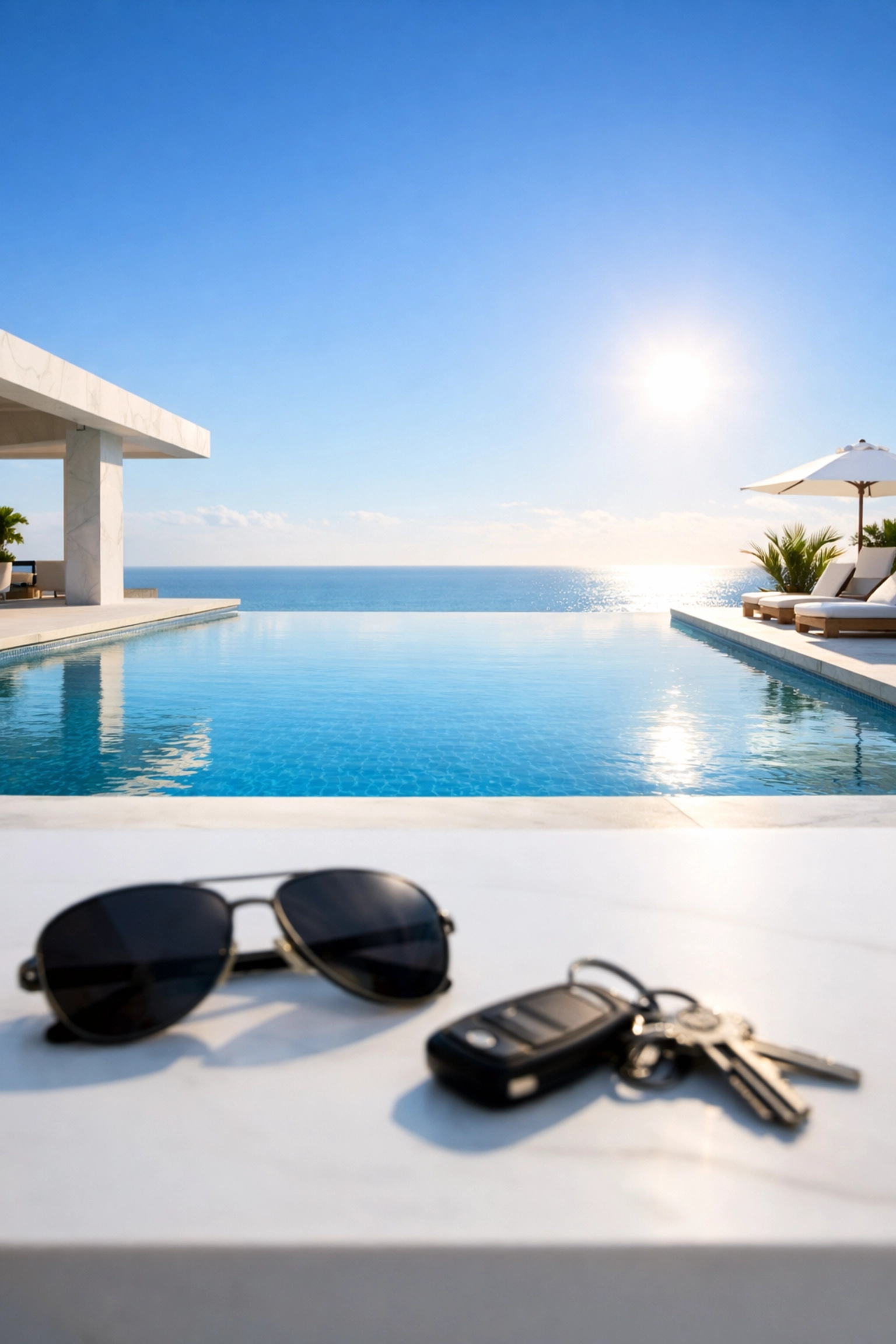 A serene infinity pool representing the successful sale of a pool business and a rewarding retirement transition.